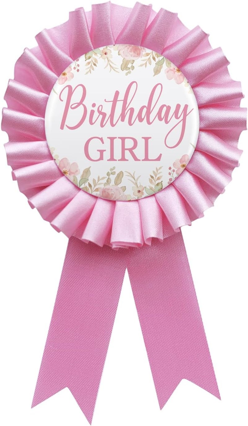 WOWOPA Birthday Girl Tinplate Badge Pin, Happy Birthday Pink Leaves Pattern Pink Corsage Button for Women Girl Birthday Award Ribbon Party Decorations - Image 1